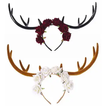 MXMB Halloween Lesná Víla Elk Dlho, Antler hlavový most Ruže Kvet Veniec Vlasy Hoop Vianočné Maškaráda Strany Headdress