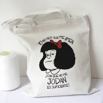 Roztomilý Mafalda Ženy Harajuku Tote Nakupovanie Shopper Plátno Opakovane Skladacia Taška Tkané Juty Sacolas
